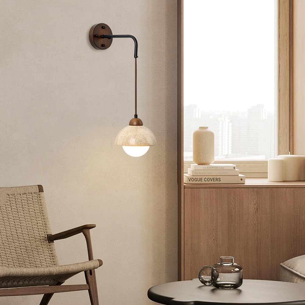 Modern Travertine & Wood Hanging Wall Sconce LED 1-Light