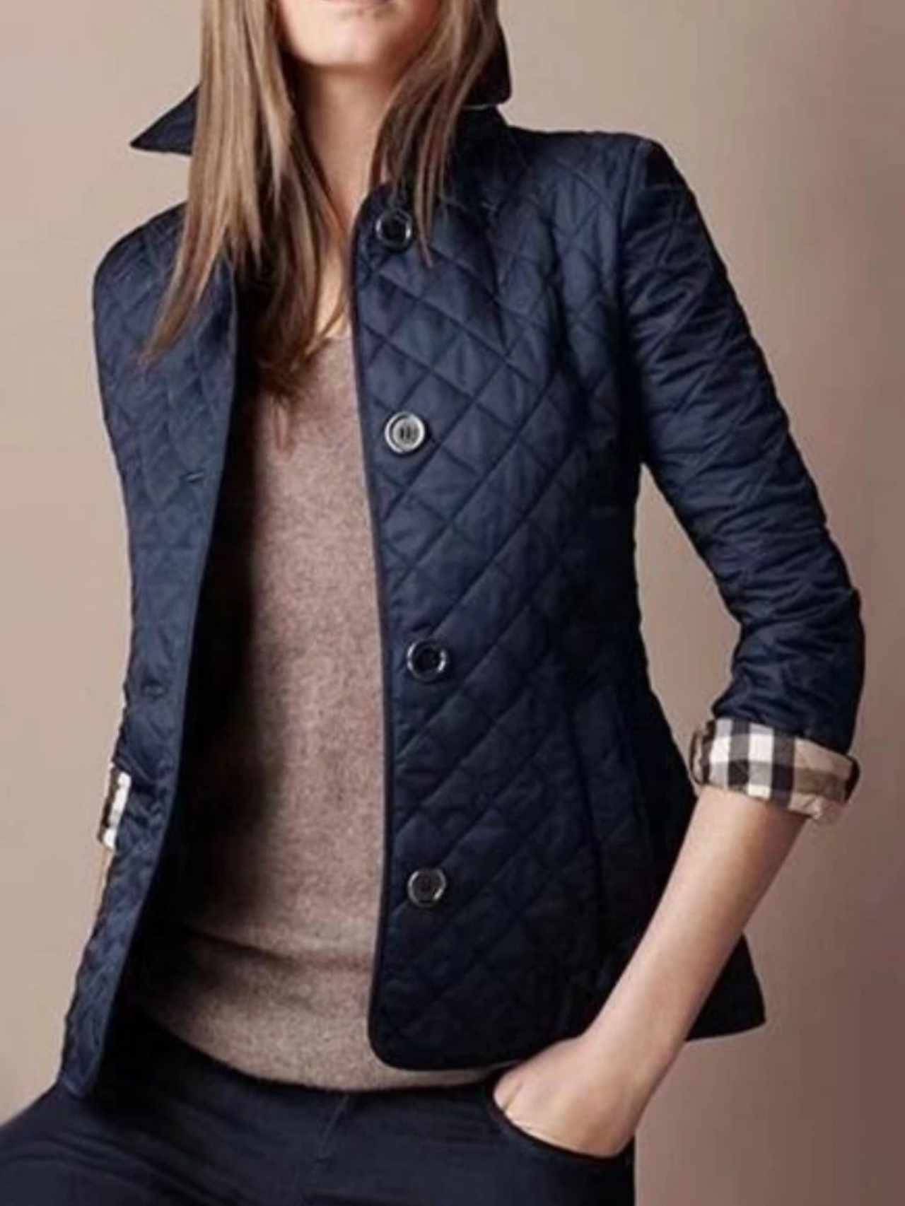 Women’s Casual Quilted Jacket with Turned-Down Collar
