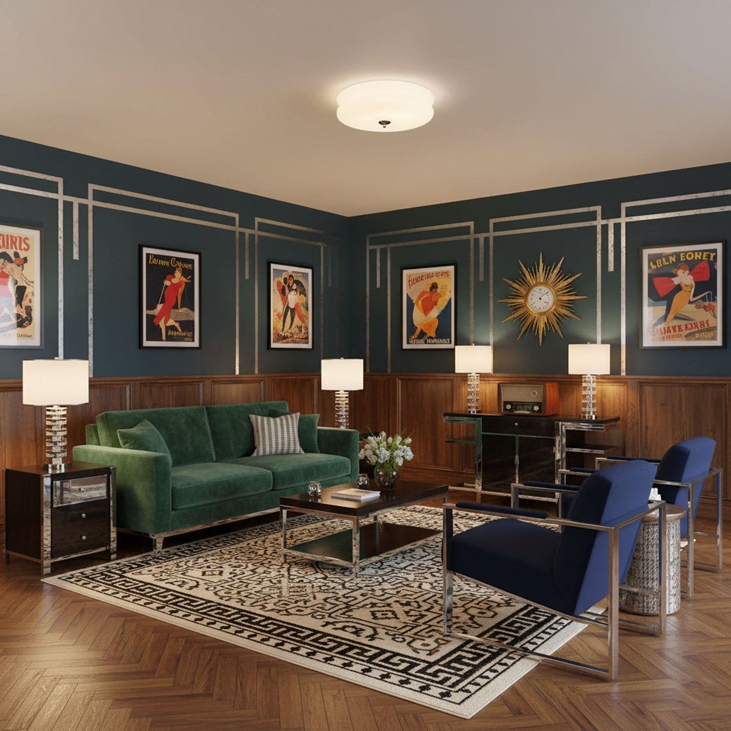 Art Deco Vintage Round Glass Ceiling Light 1-Light