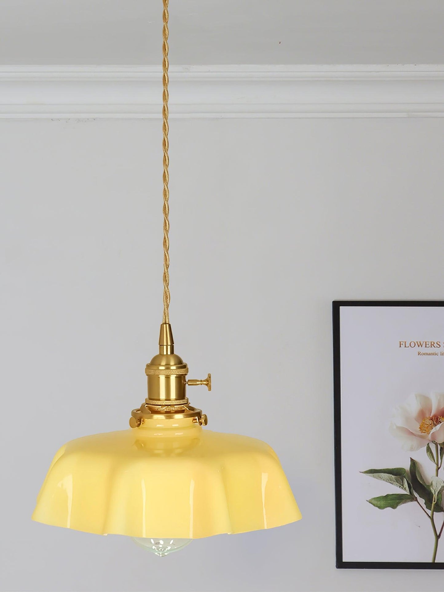 French Ruffled Glass Brass Pendant Light 1-Light