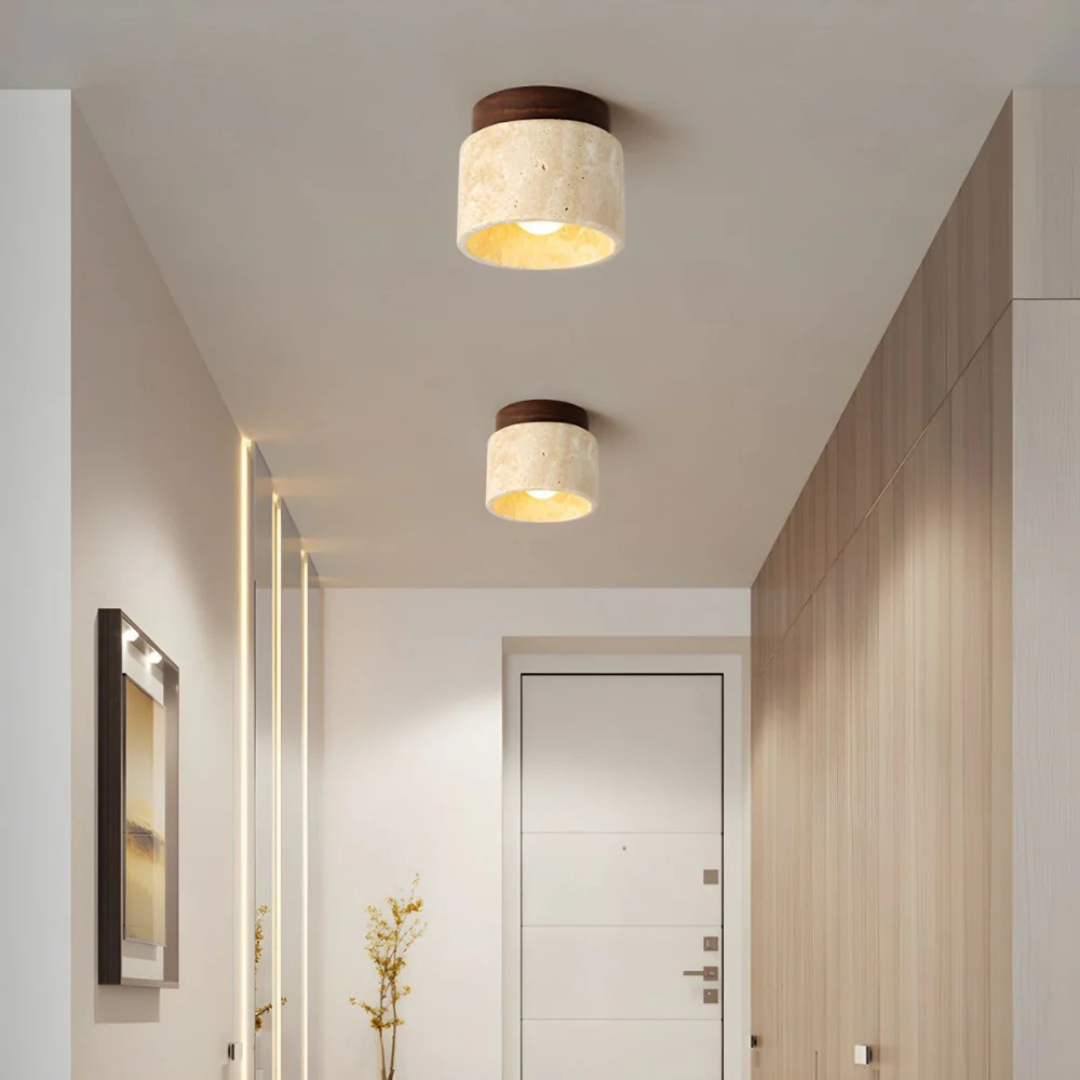 Elegant Travertine Ceiling Light Fixture with Wooden Accent – Japanese Design for Home Decor and Warm Ambient Lighting
