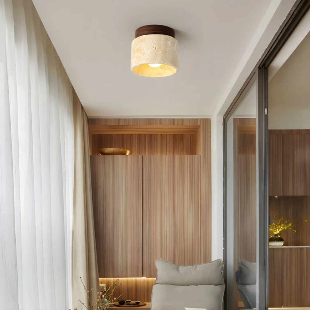 Elegant Travertine Ceiling Light Fixture with Wooden Accent – Japanese Design for Home Decor and Warm Ambient Lighting