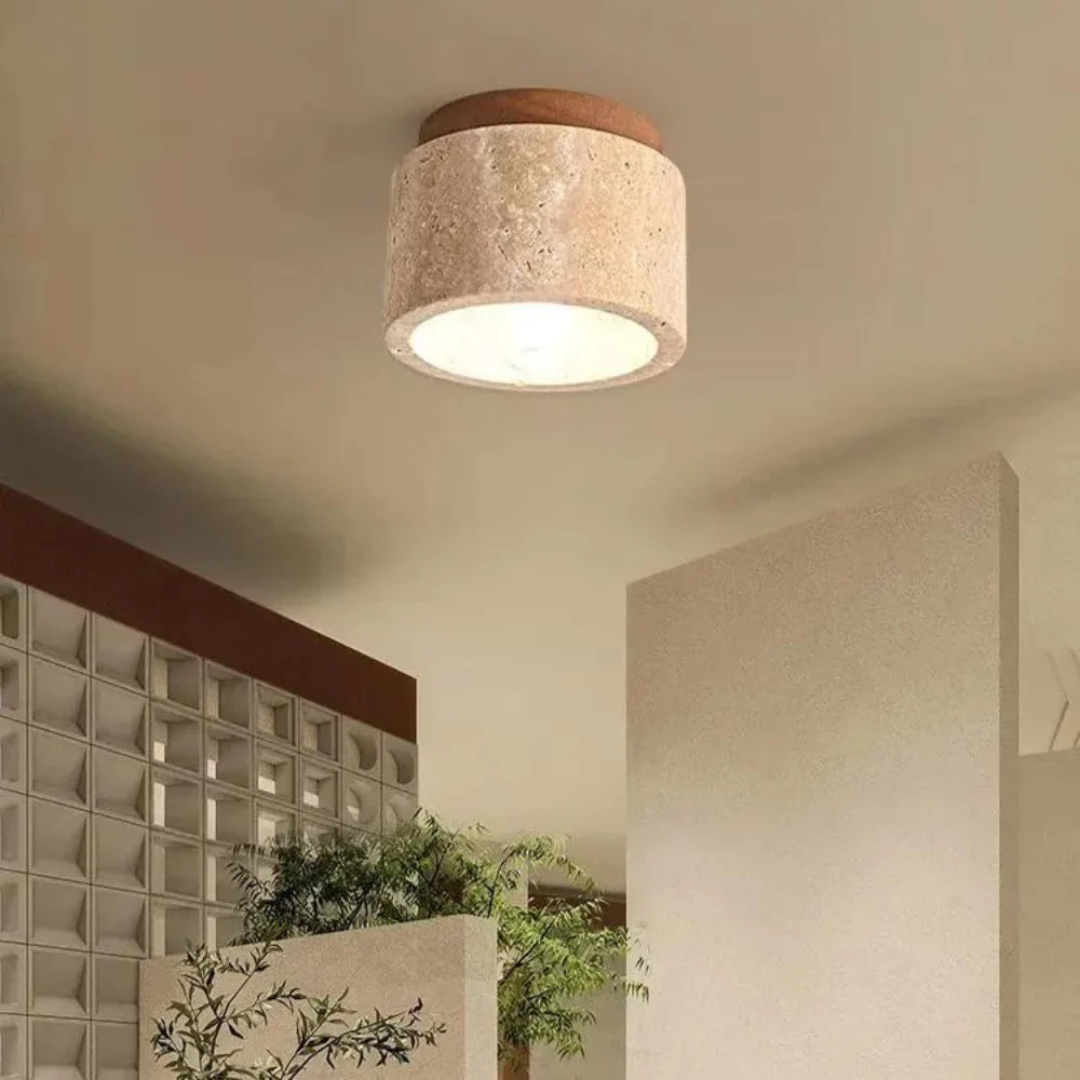 Elegant Travertine Ceiling Light Fixture with Wooden Accent – Japanese Design for Home Decor and Warm Ambient Lighting