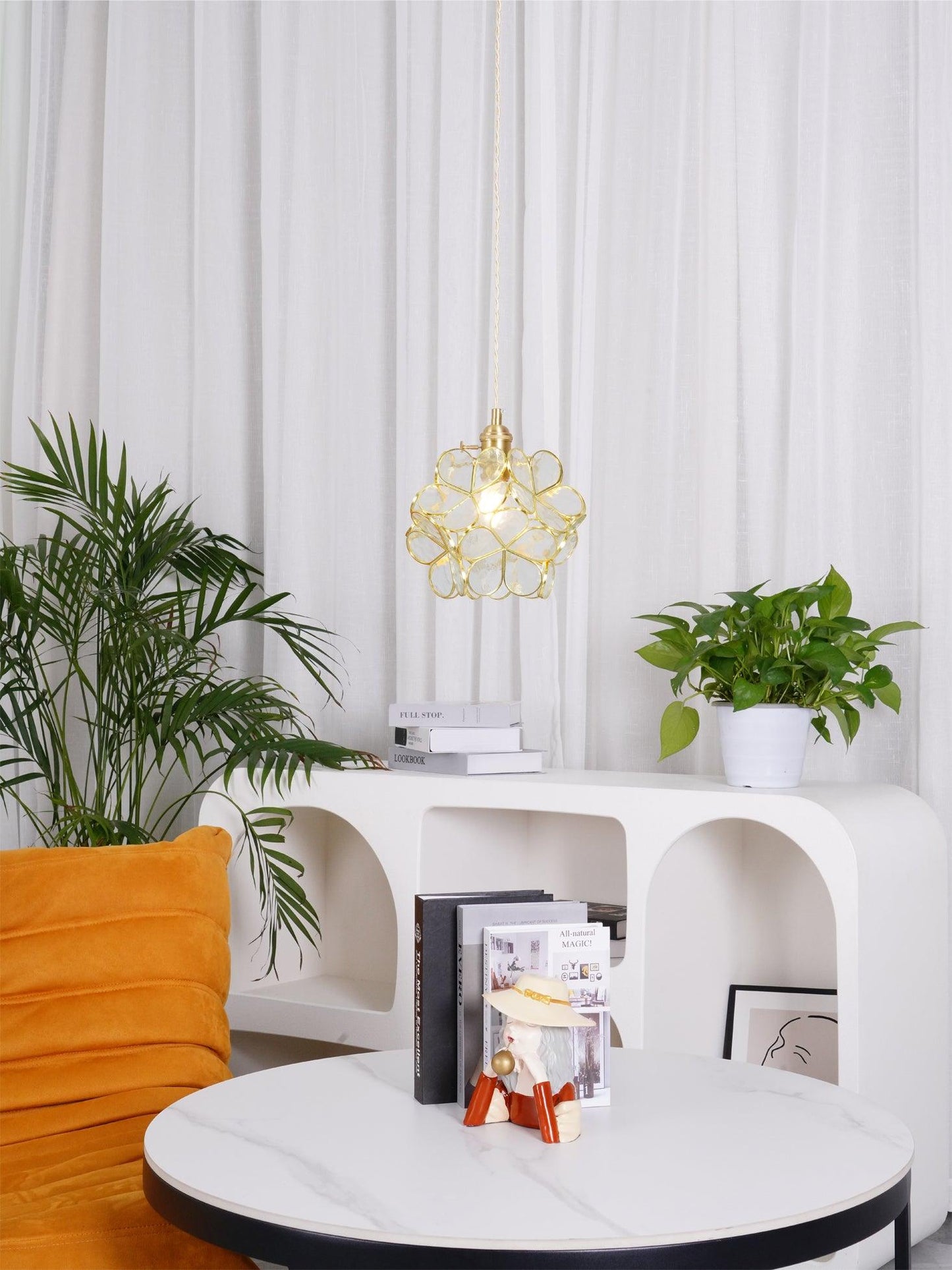 Vintage Brass Floral Glass Globe Pendant Light 1-Light