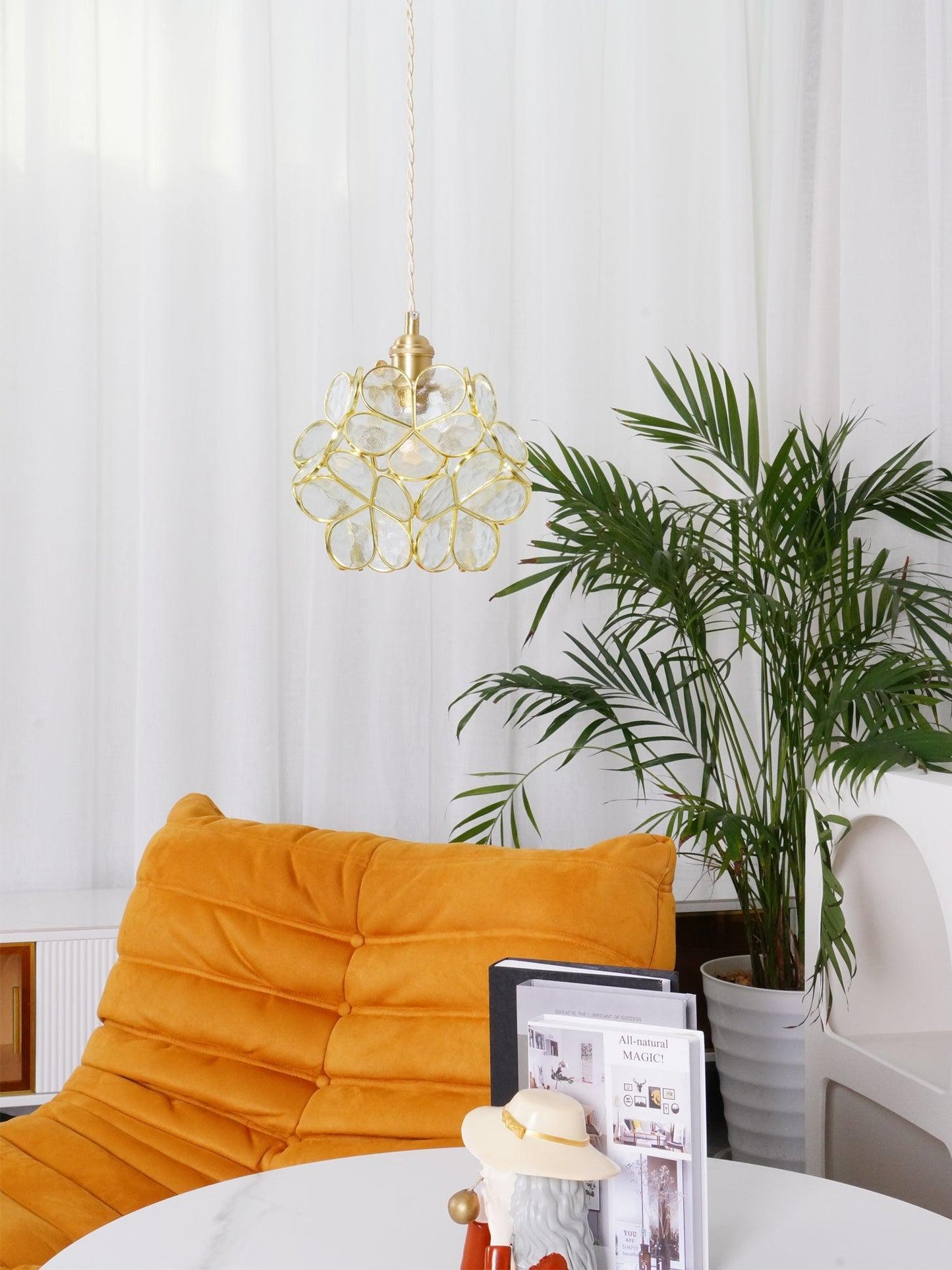 Vintage Brass Floral Glass Globe Pendant Light 1-Light