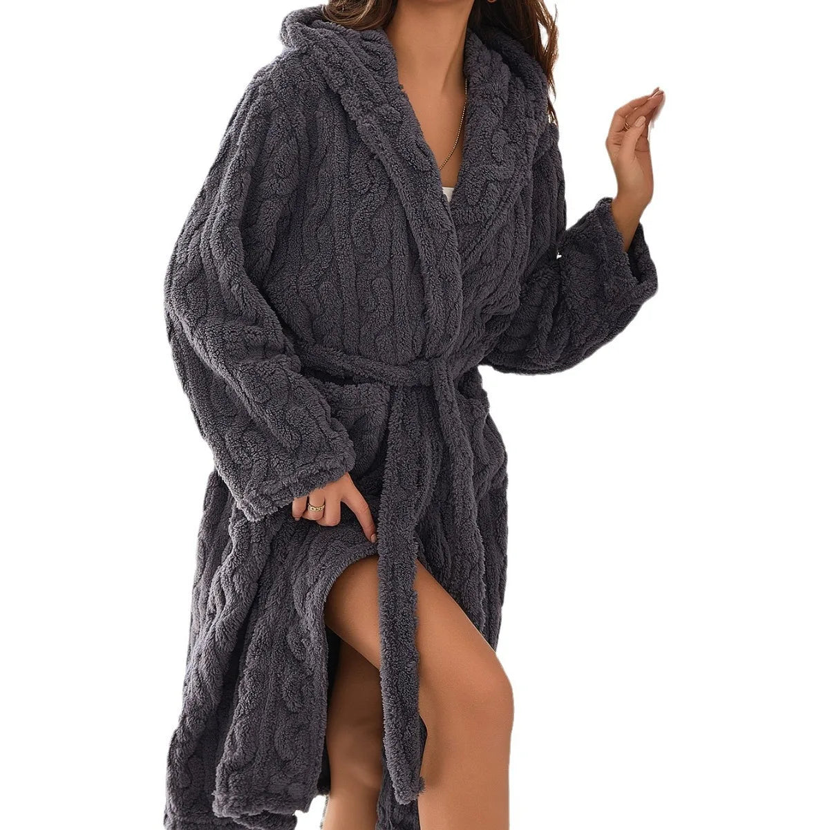 Hooded Bathrobe in Soft Coral Fleece – Long Comfortable Women's Dressing Gown for Home Relaxation