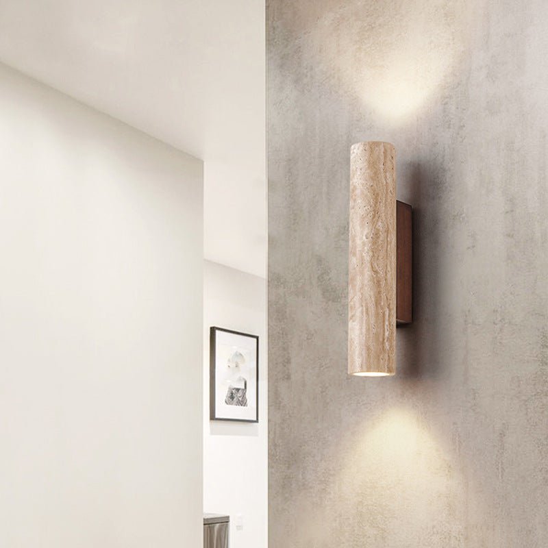 Japandi Travertine Wood Cylinder Wall Sconce LED 1-light
