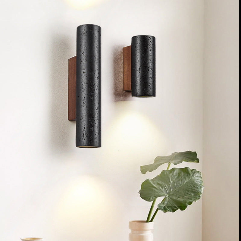 Modern Minimalist Black Travertine Tube Wall Sconce LED 1-Light