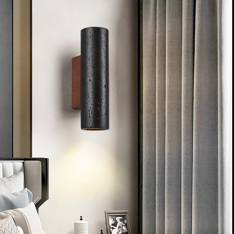 Modern Minimalist Black Travertine Tube Wall Sconce LED 1-Light