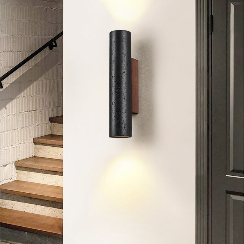 Modern Minimalist Black Travertine Tube Wall Sconce LED 1-Light