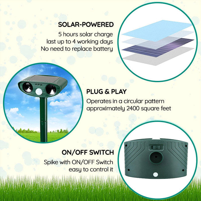 Repellente per animali a ultrasuoni alimentato a energia solare – Controllo dei parassiti attivato dal movimento per giardino, prato e cortile