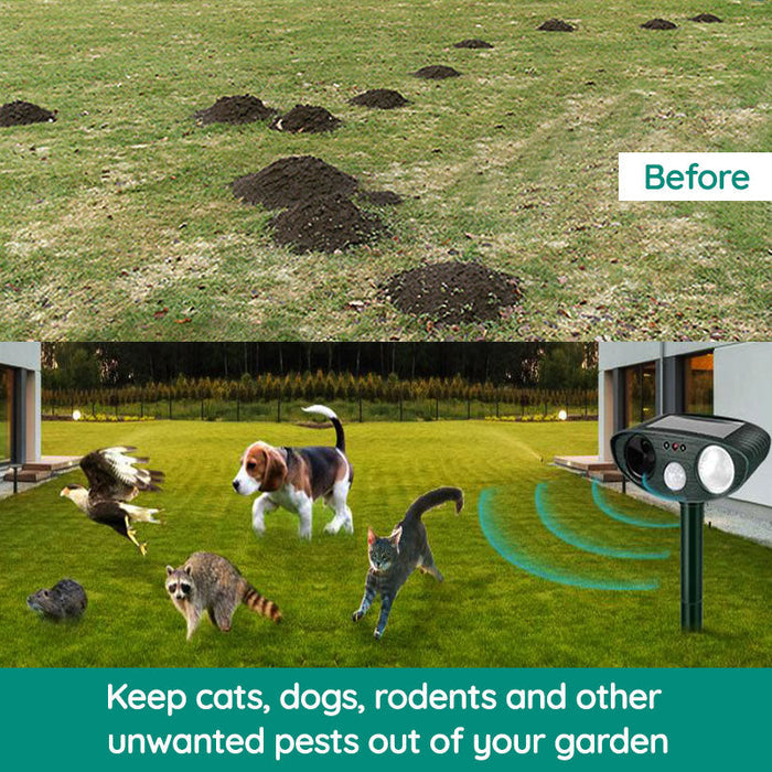 Repellente per animali a ultrasuoni alimentato a energia solare – Controllo dei parassiti attivato dal movimento per giardino, prato e cortile