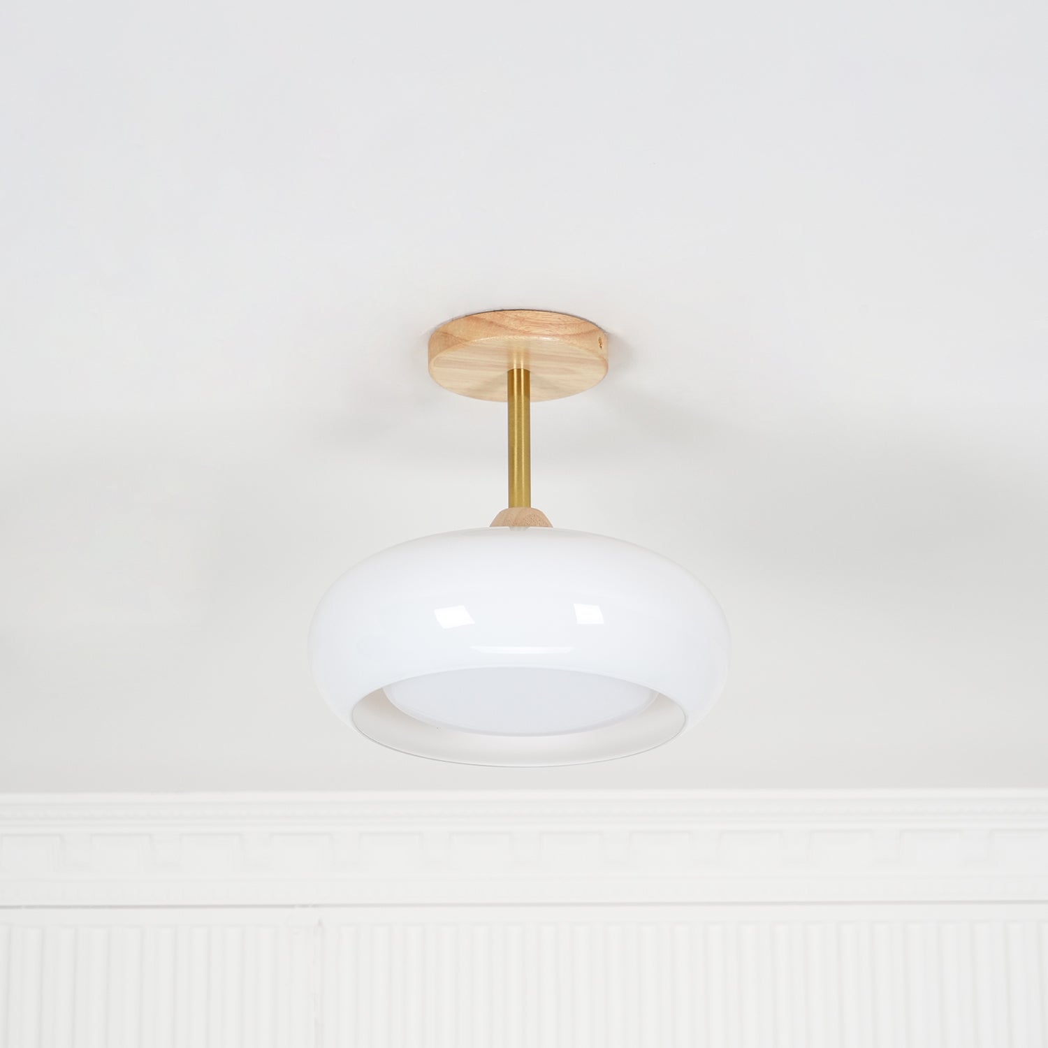 Nordic Wooden Dome Glass LED Semi-Flush Mount Ceiling Light 1-Light