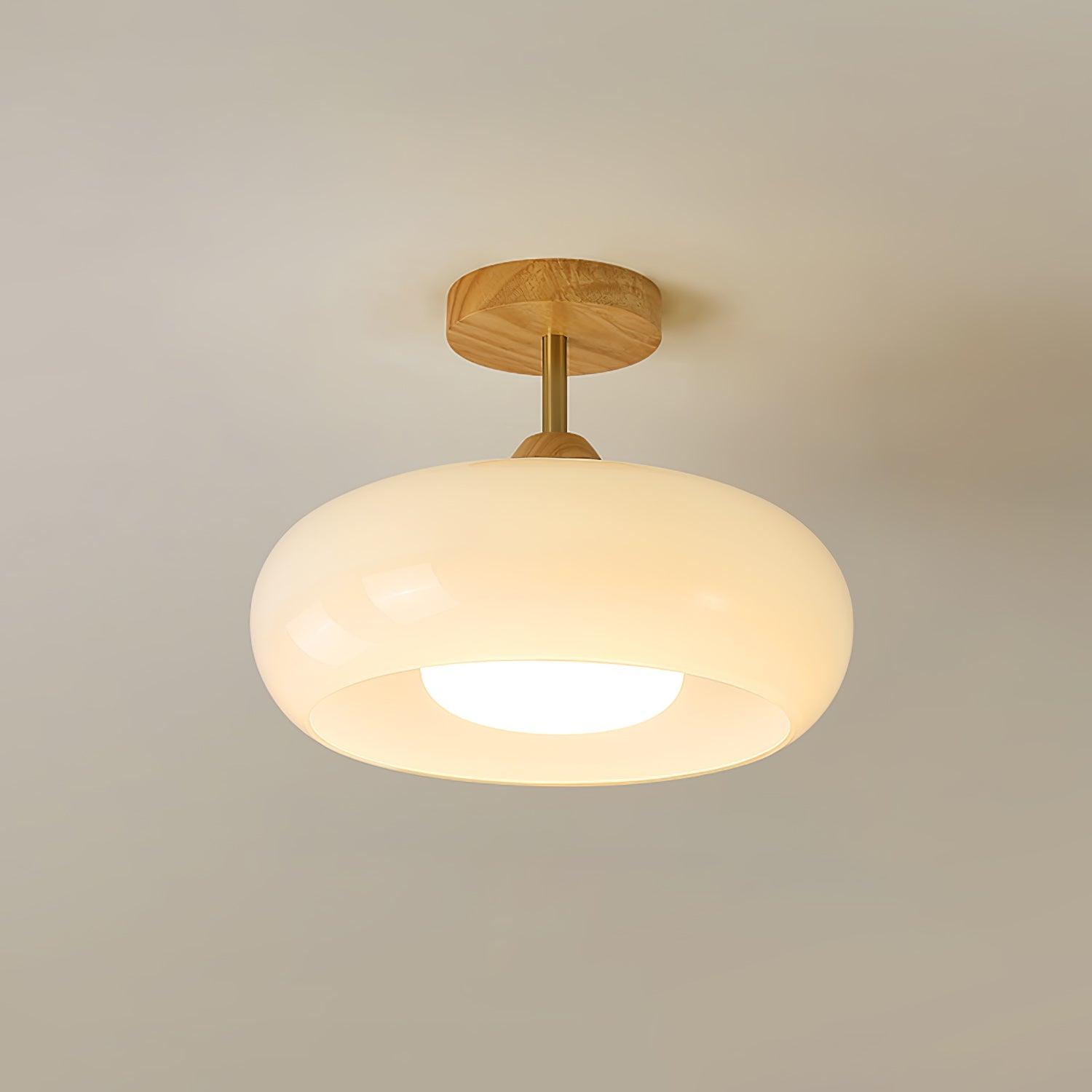 Nordic Wooden Dome Glass LED Semi-Flush Mount Ceiling Light 1-Light