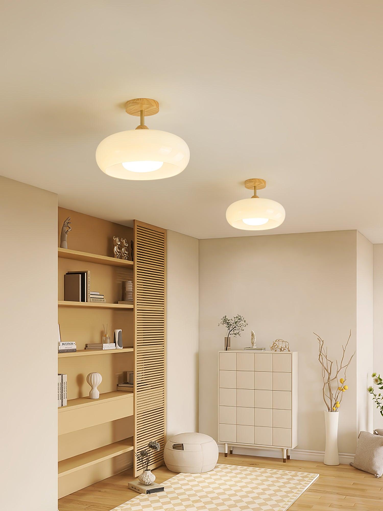 Nordic Wooden Dome Glass LED Semi-Flush Mount Ceiling Light 1-Light