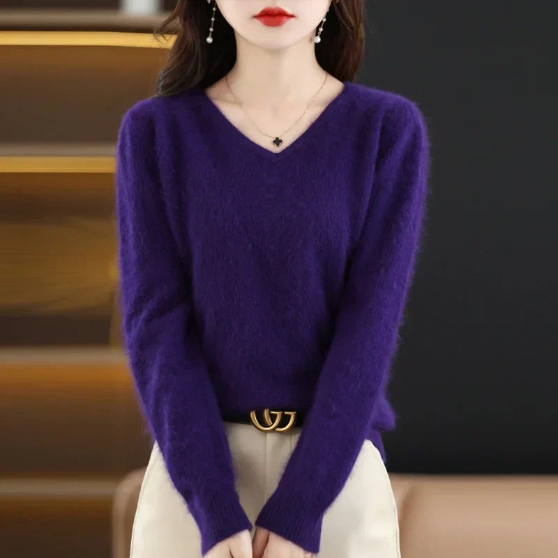 Maglione a V in cashmere 100% LunaWeave da donna, vestibilità slim