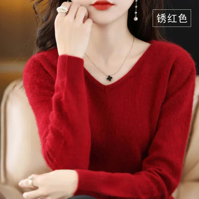 Maglione a V in cashmere 100% LunaWeave da donna, vestibilità slim