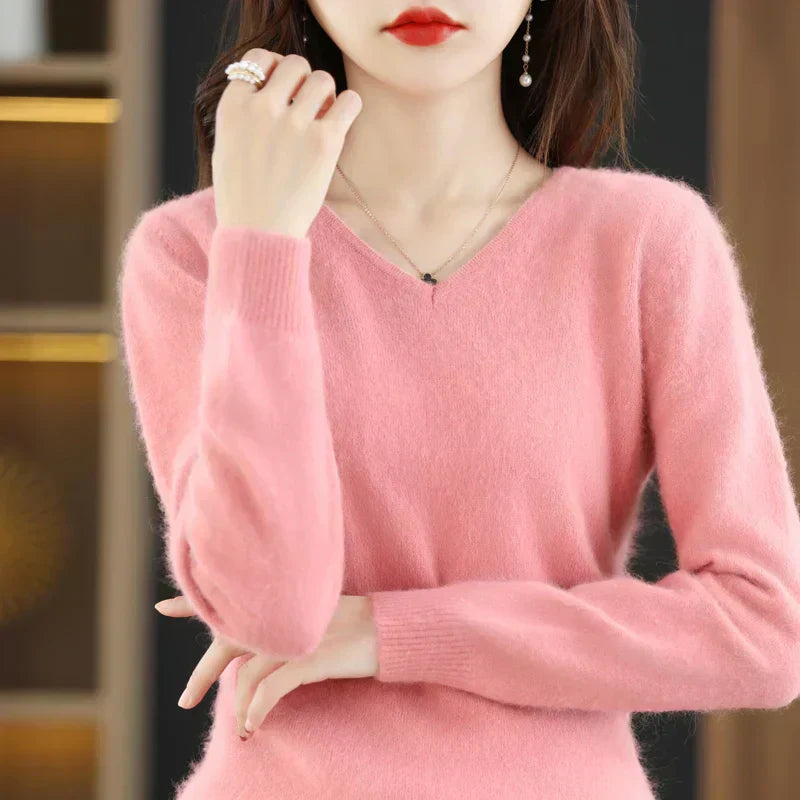 Maglione a V in cashmere 100% LunaWeave da donna, vestibilità slim