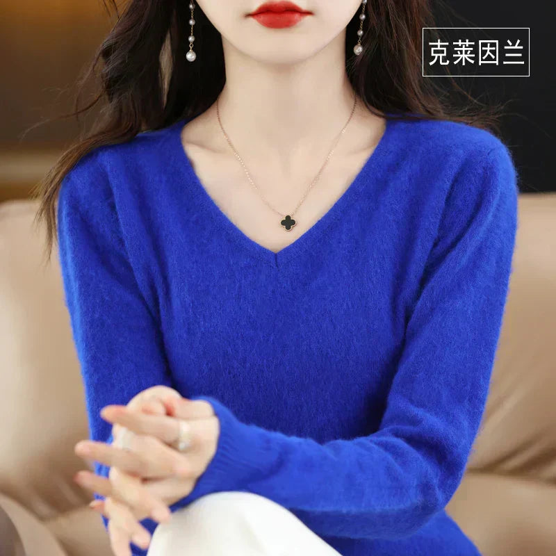 Maglione a V in cashmere 100% LunaWeave da donna, vestibilità slim