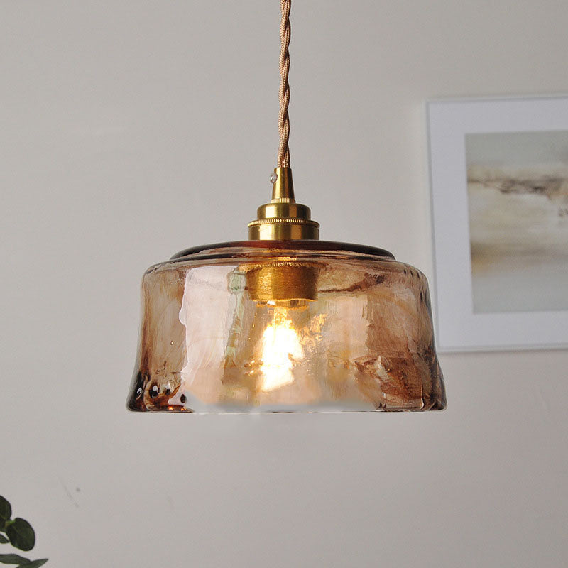 Lampada a sospensione vintage in ottone con vetro tondo ambra 1 luce