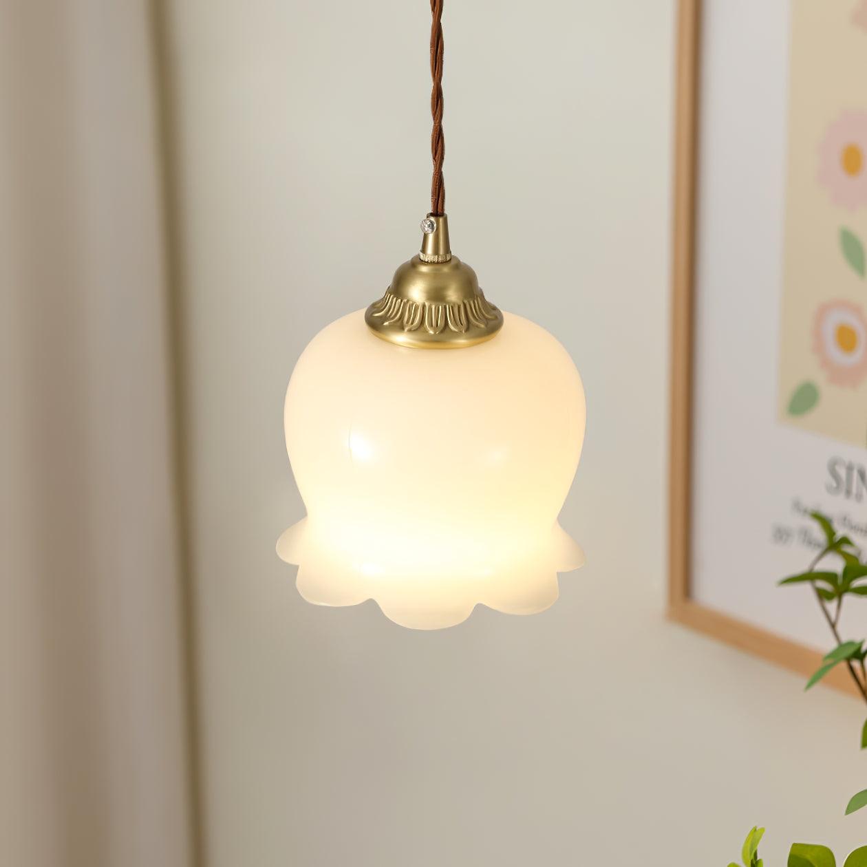 Vintage Brass Petal Glass Pendant Light 1-Light