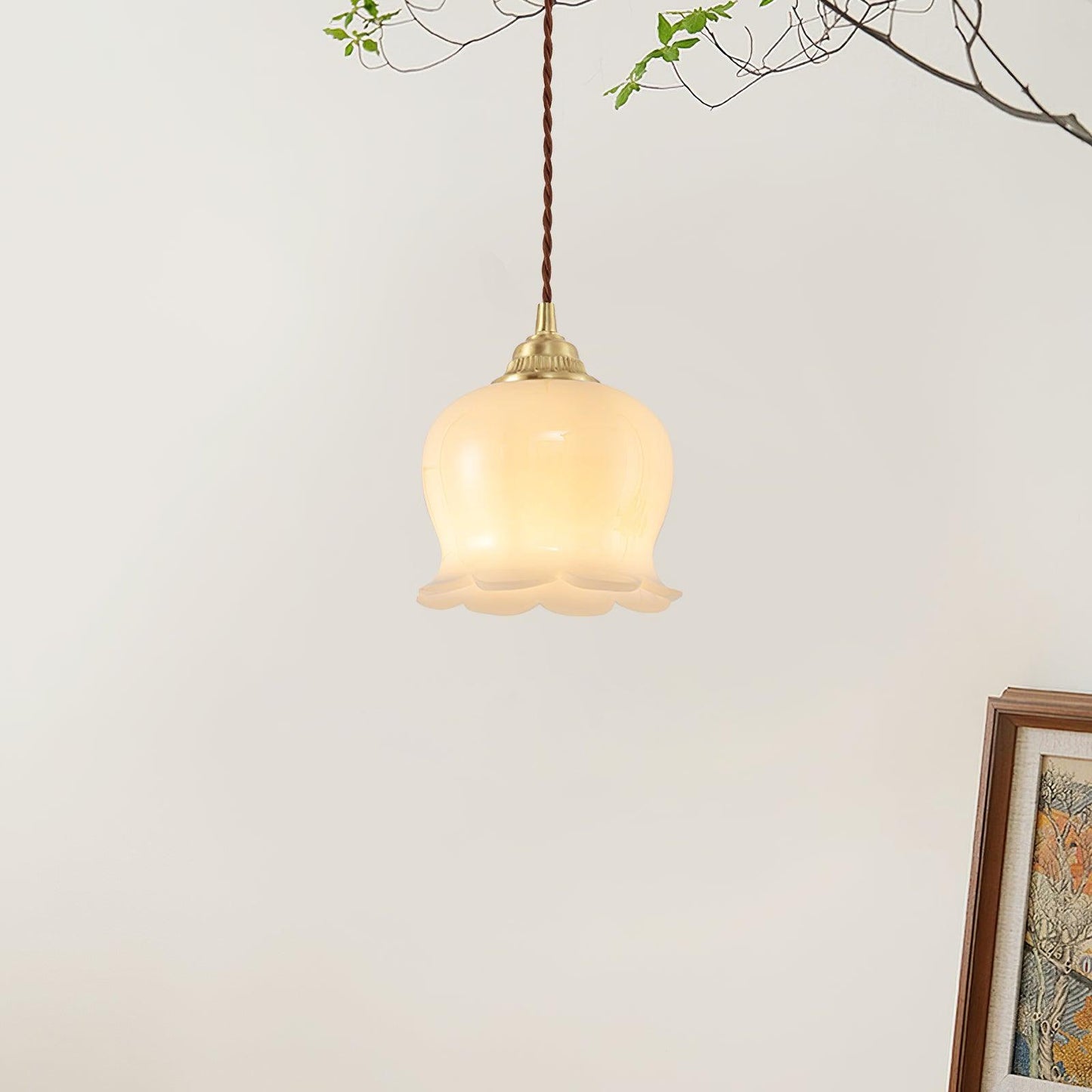 Vintage Brass Petal Glass Pendant Light 1-Light