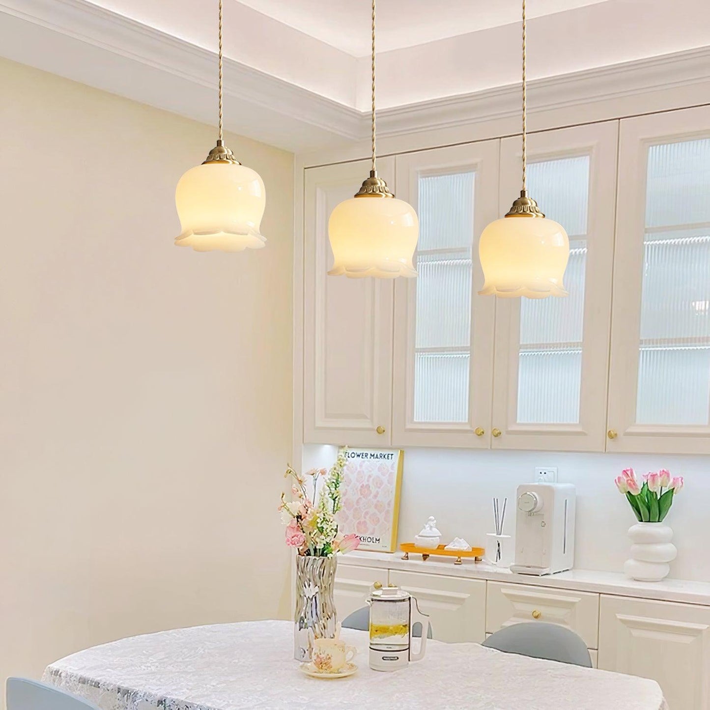Vintage Brass Petal Glass Pendant Light 1-Light