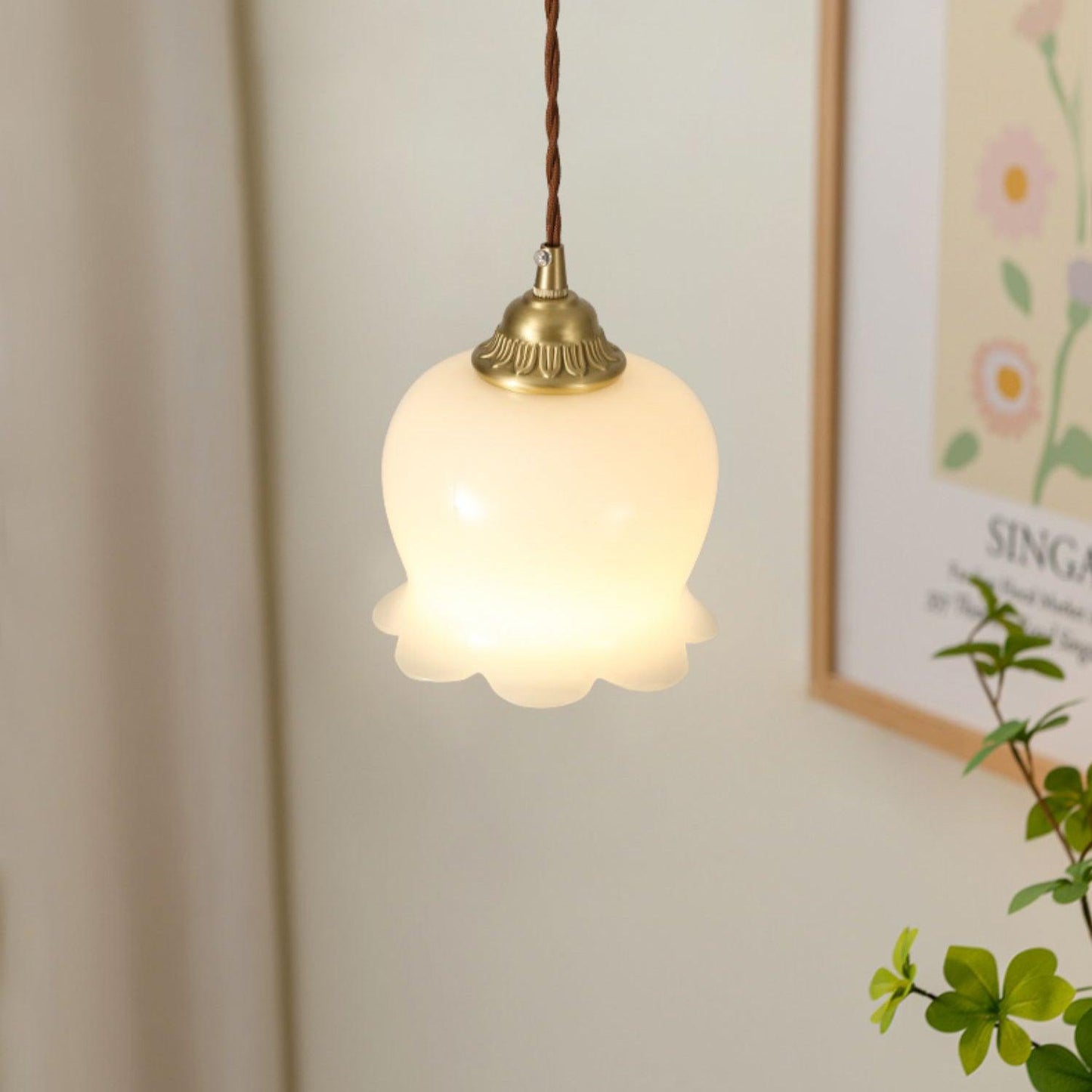 Vintage Brass Petal Glass Pendant Light 1-Light