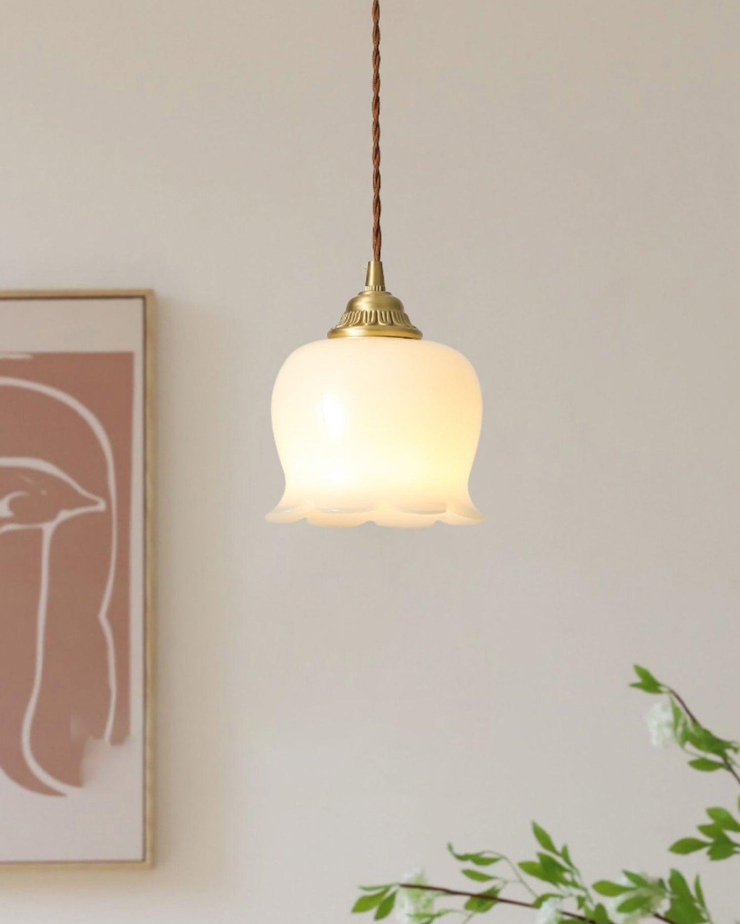 Vintage Brass Petal Glass Pendant Light 1-Light