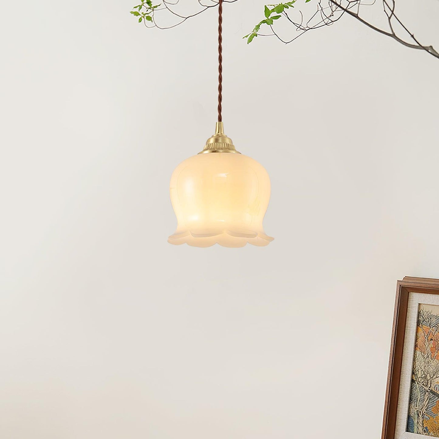 Vintage Brass Petal Glass Pendant Light 1-Light