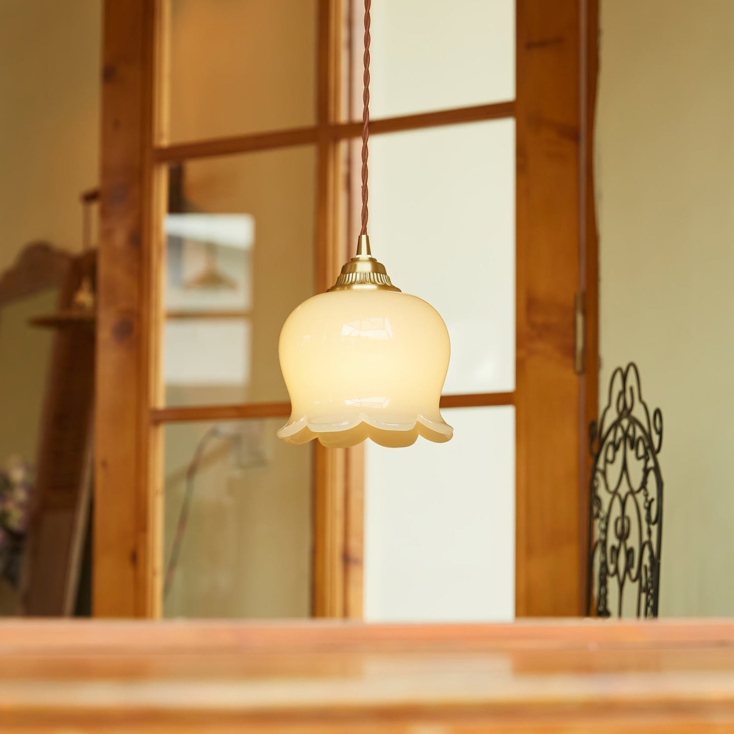 Vintage Brass Petal Glass Pendant Light 1-Light