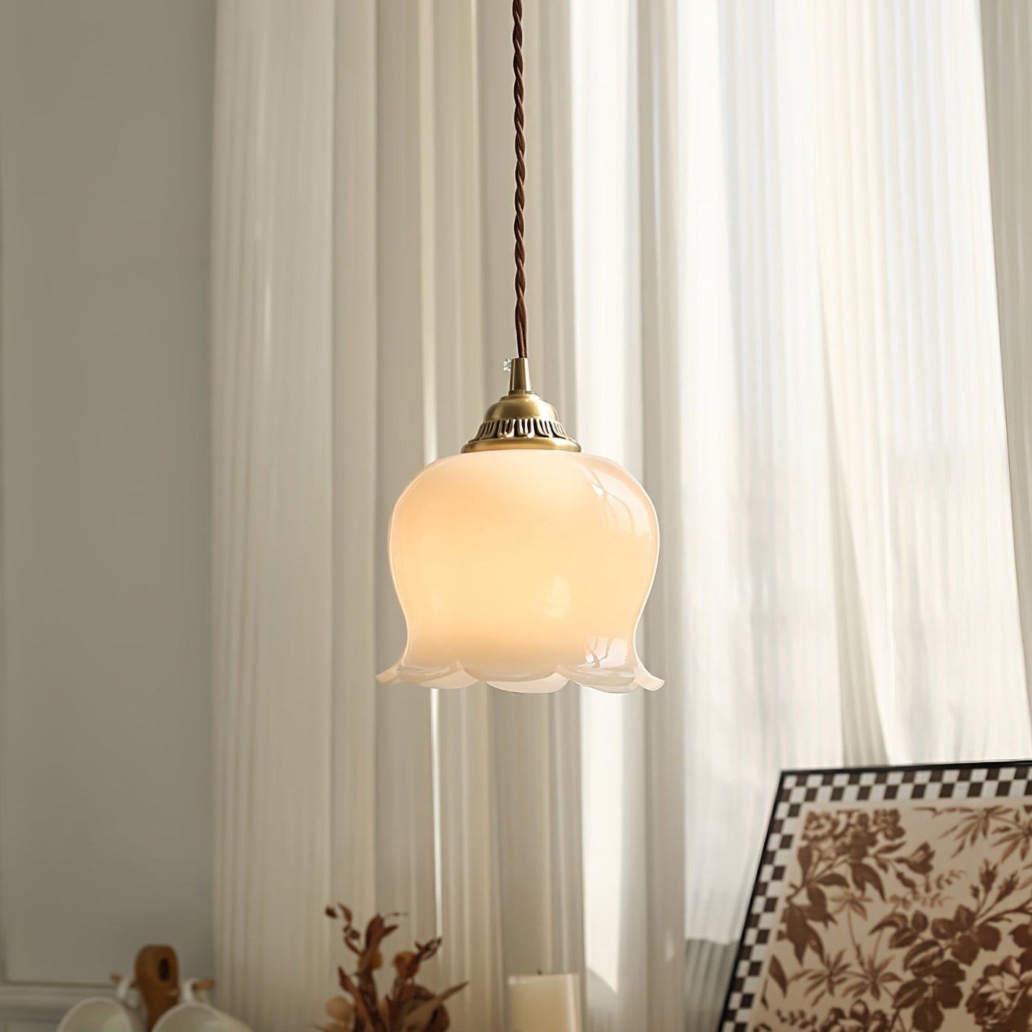 Vintage Brass Petal Glass Pendant Light 1-Light