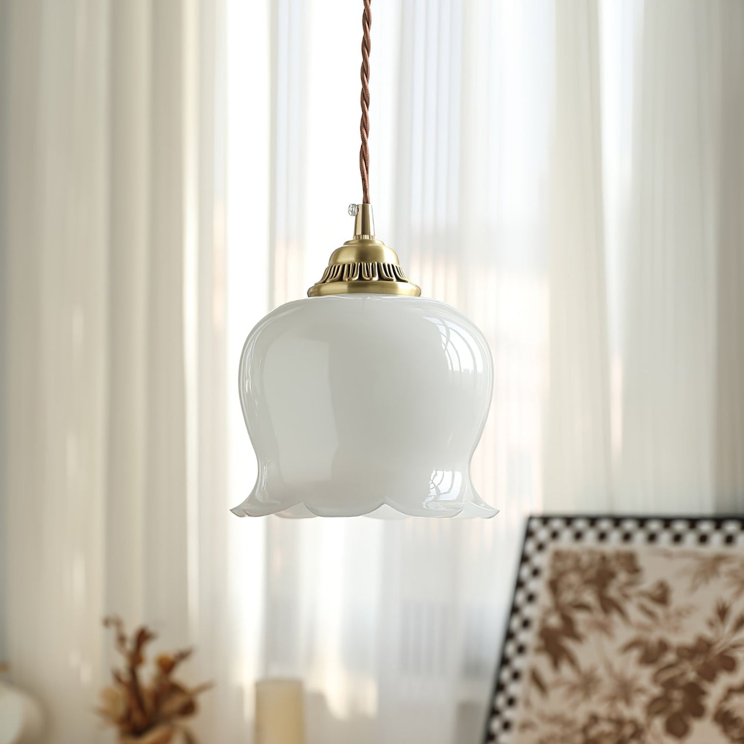 Vintage Brass Petal Glass Pendant Light 1-Light