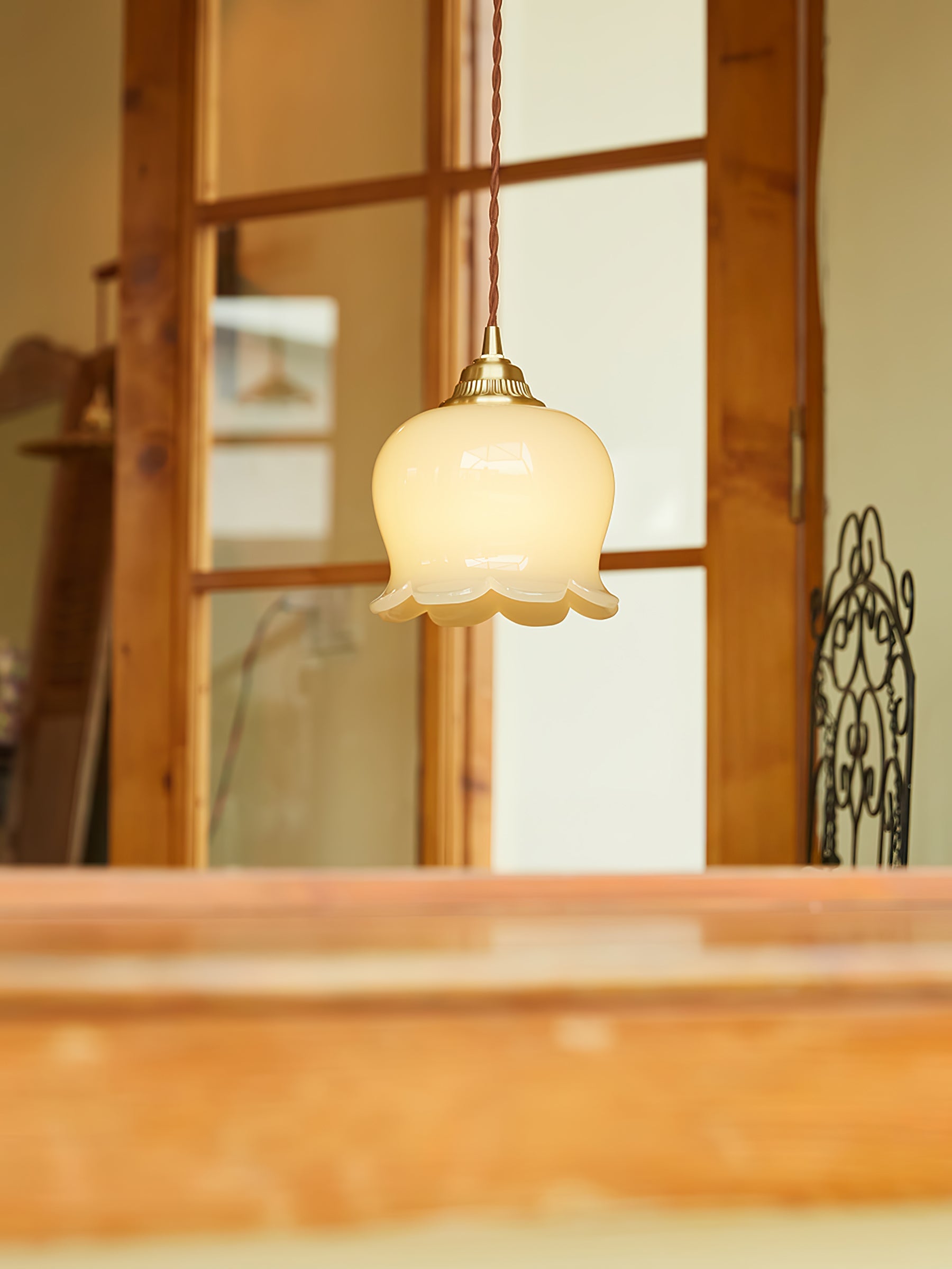 Vintage Brass Petal Glass Pendant Light 1-Light