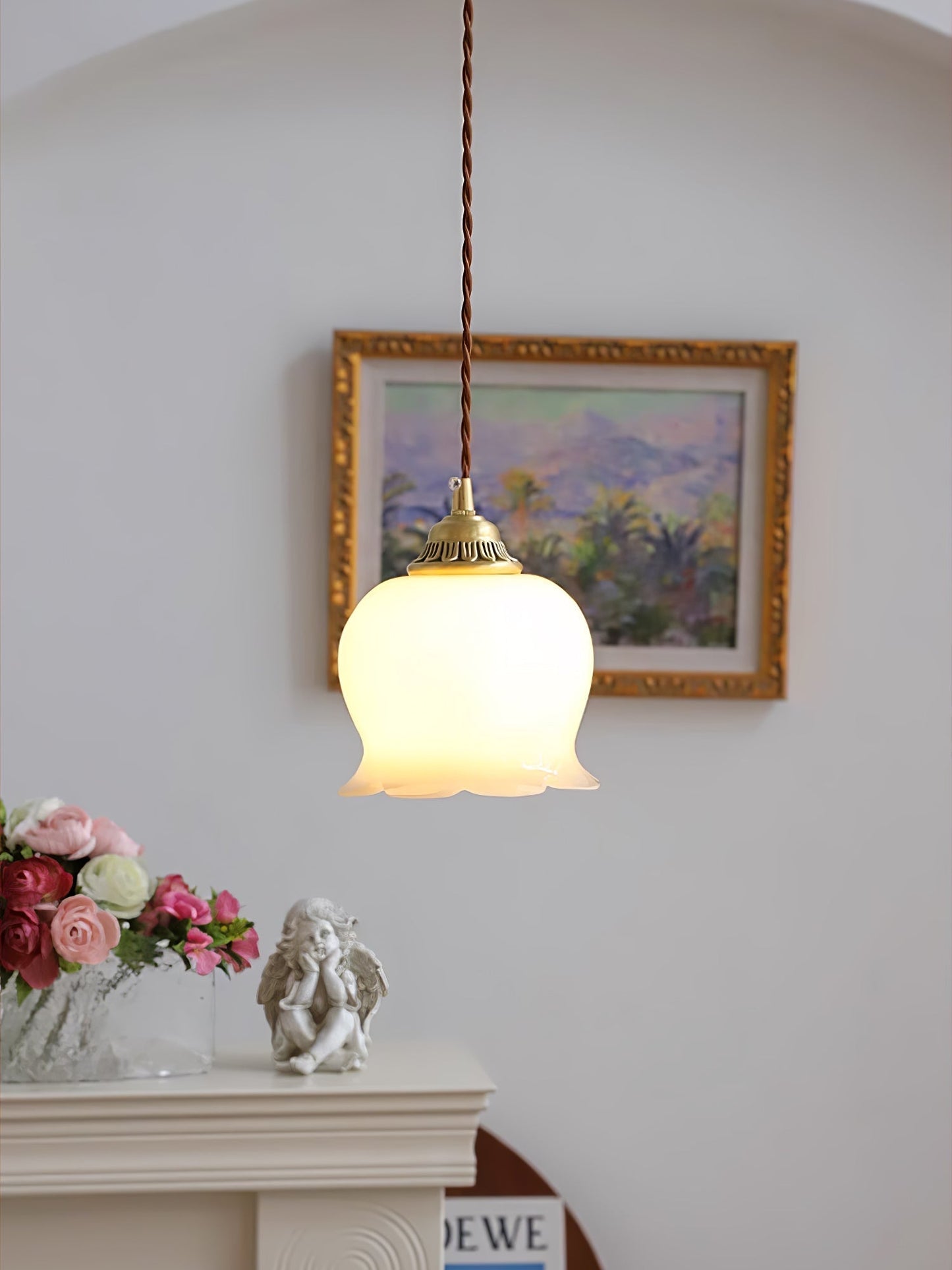 Vintage Brass Petal Glass Pendant Light 1-Light
