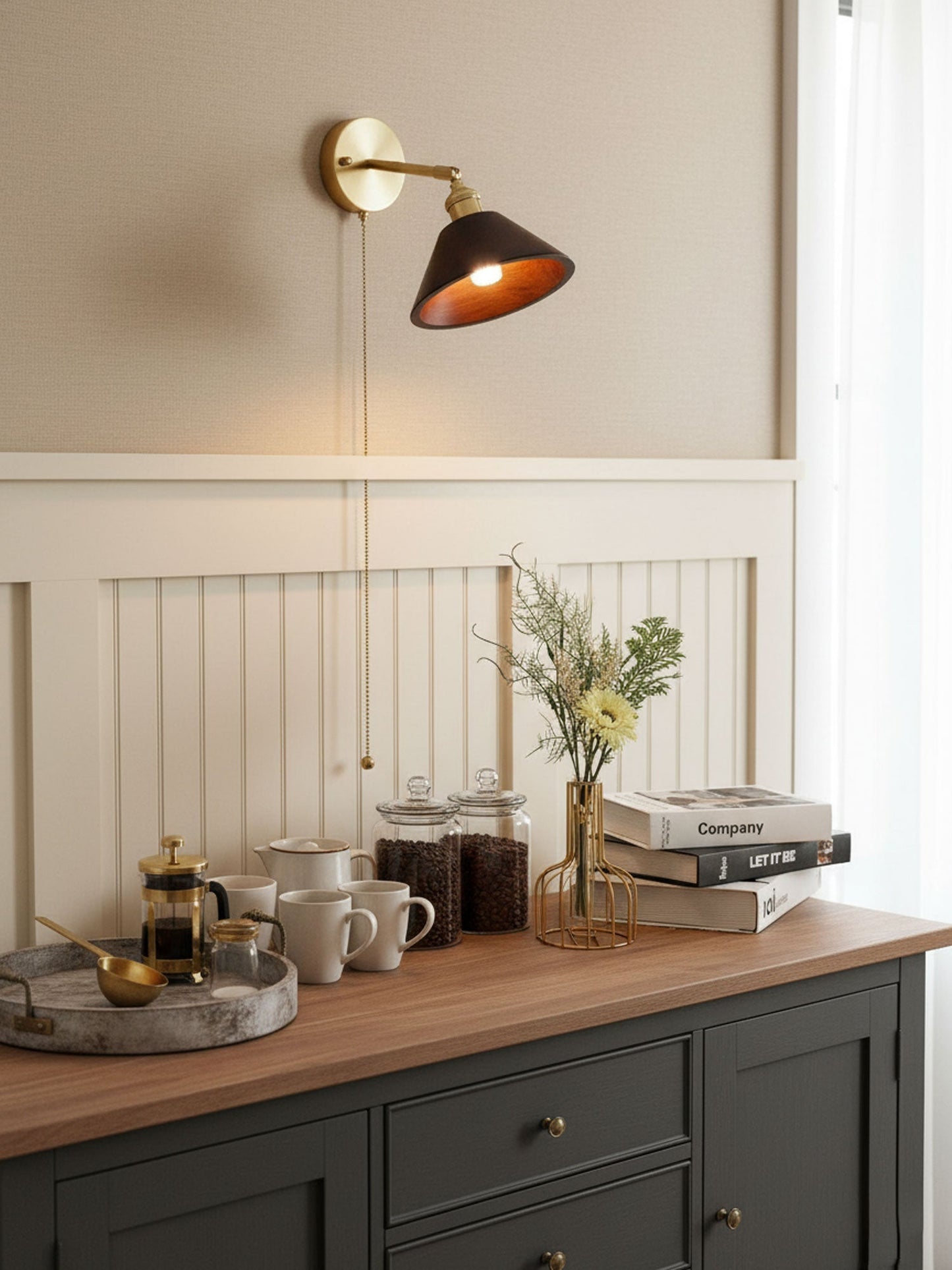 Vintage Dome Wooden Brass Wall Sconce 1-Light