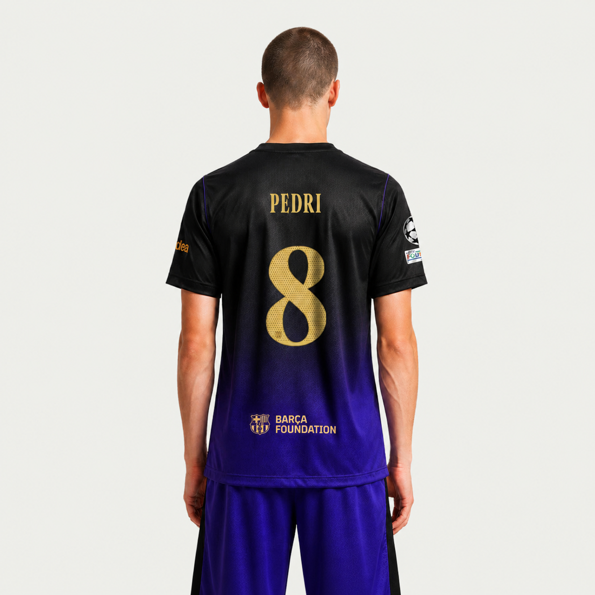 Barcelona 26/27 uitshirt — Pedri 8 — kampioensbadge